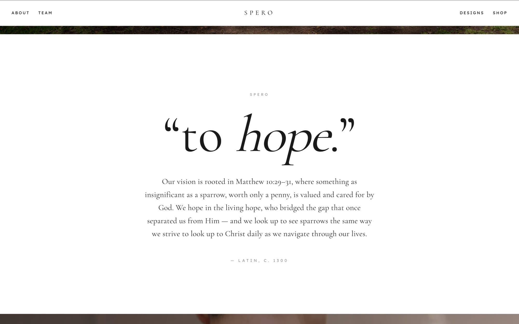 Spero website redesign — “to hope.” brand statement in large serif type