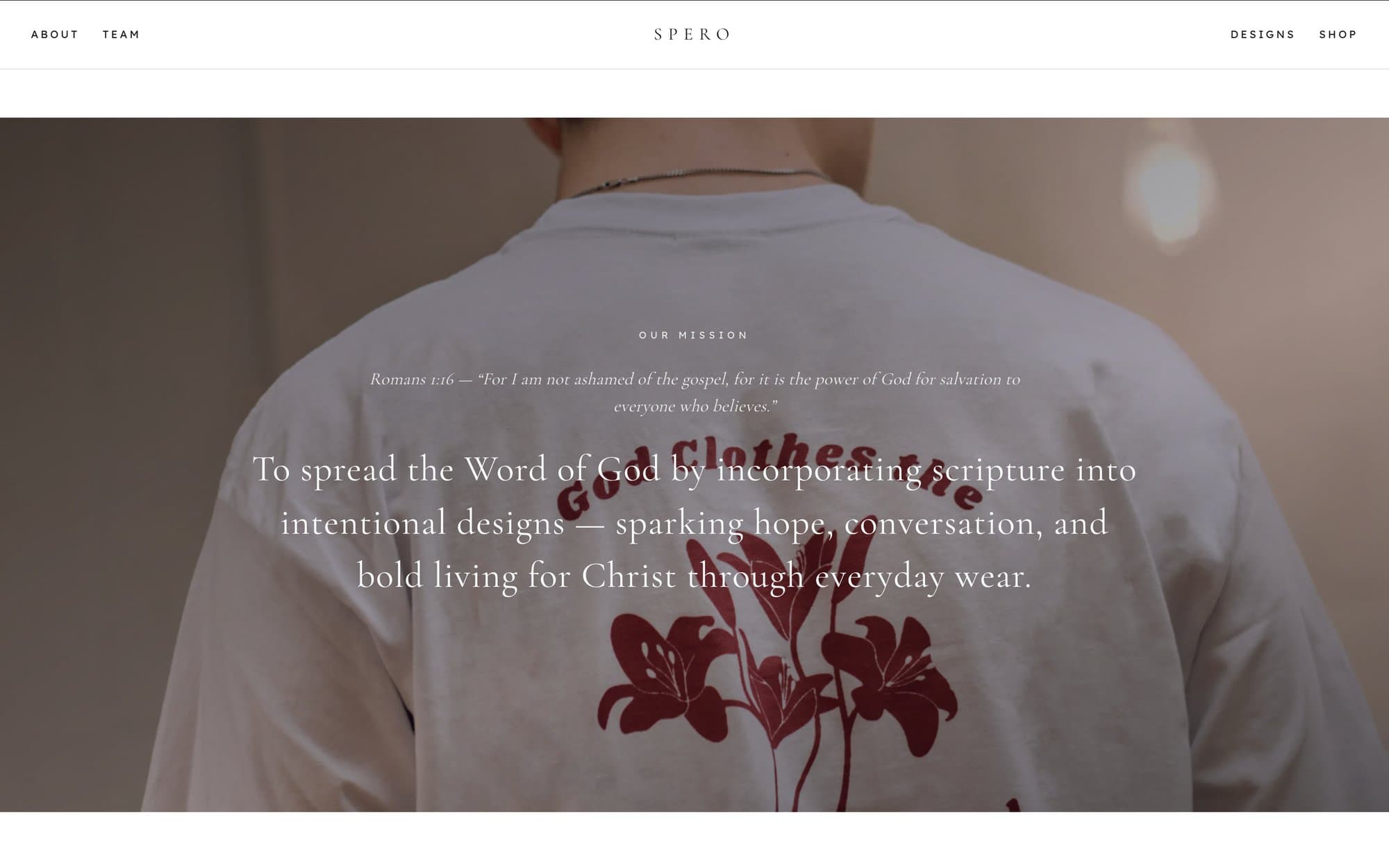 Spero site — Our Mission section over a photo of a printed T-shirt back
