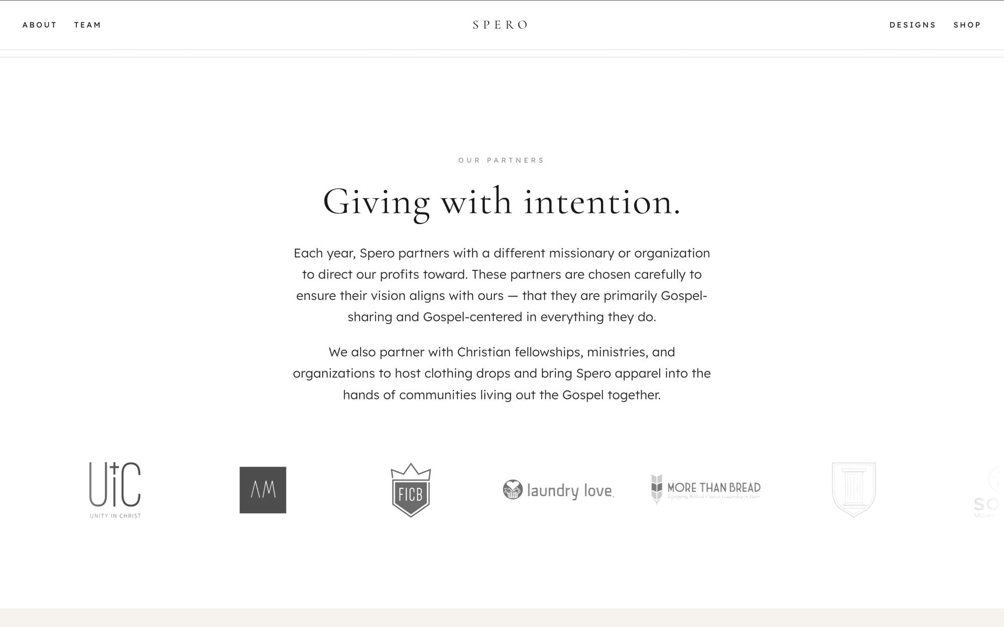 Spero site — Our Partners section, “Giving with intention,” with partner logos
