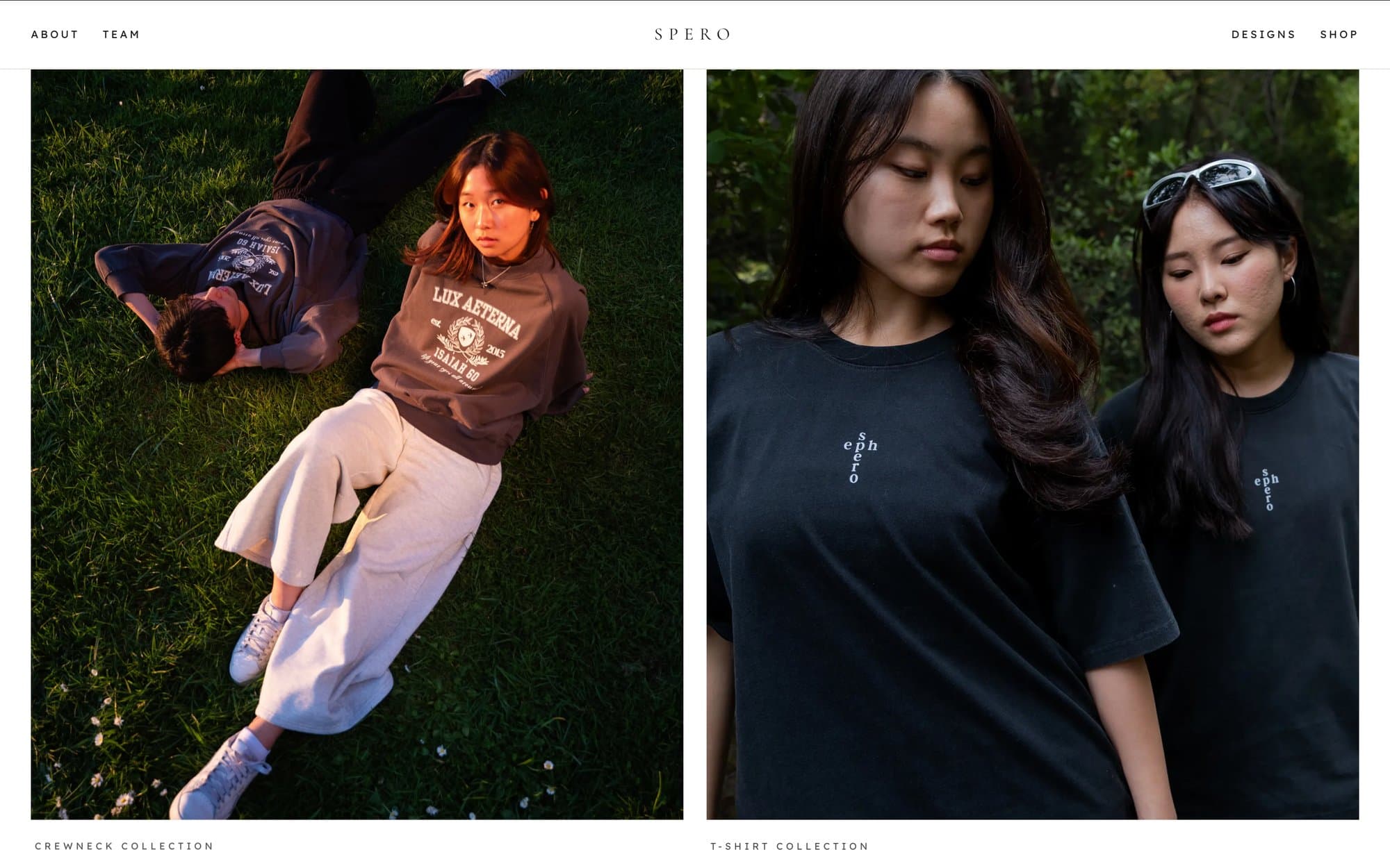 Spero site — crewneck and T-shirt collection lifestyle photos