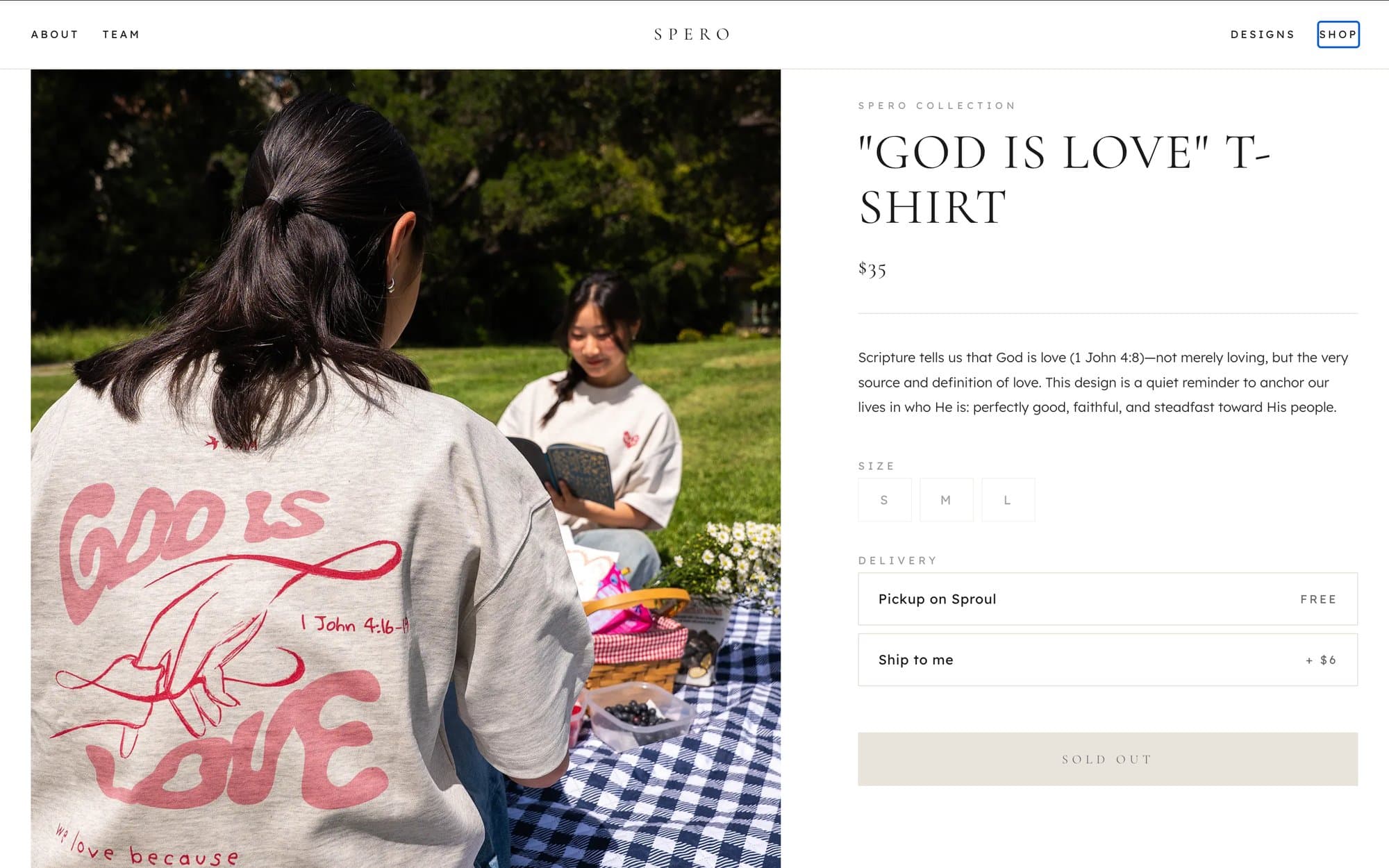 Spero site — “God Is Love” T-shirt product page with size and delivery options