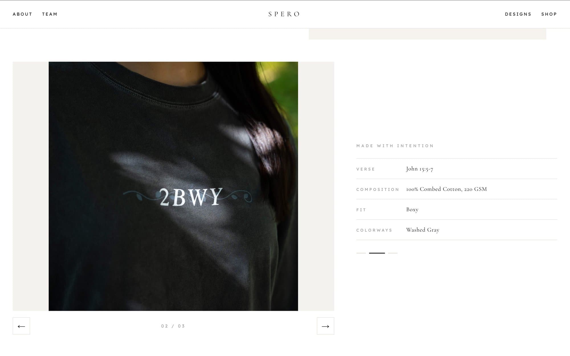 Spero site — product details carousel with verse, composition, fit, and colorway