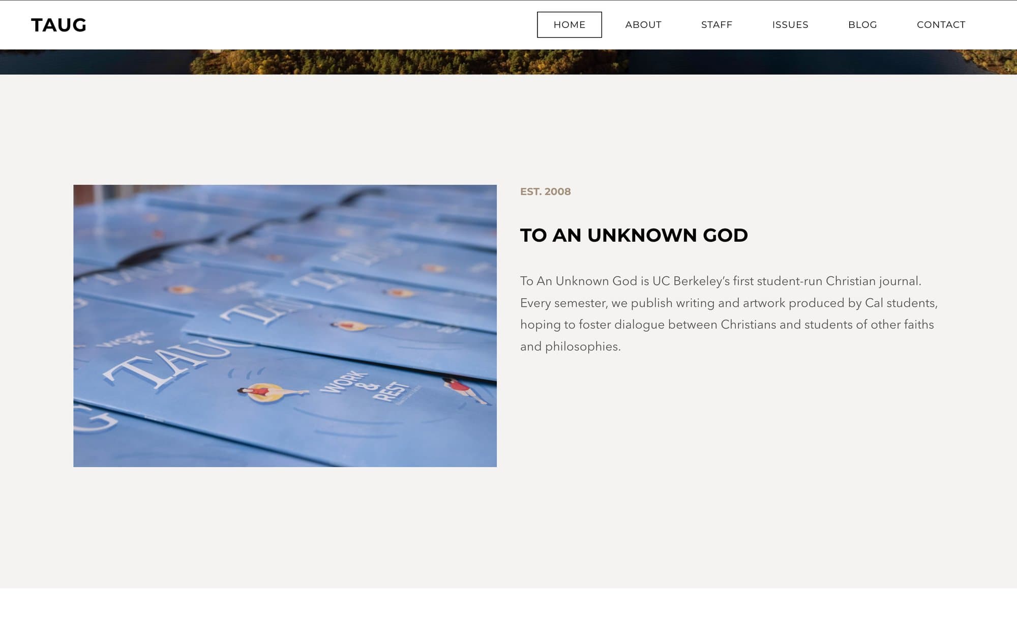 TAUG home page — 'Est. 2008' introduction to To An Unknown God beside a photo of printed issues