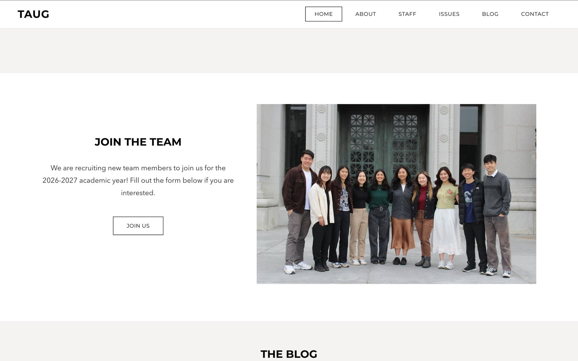 TAUG home page — Join the Team section with a recruiting message, Join Us button, and team photo