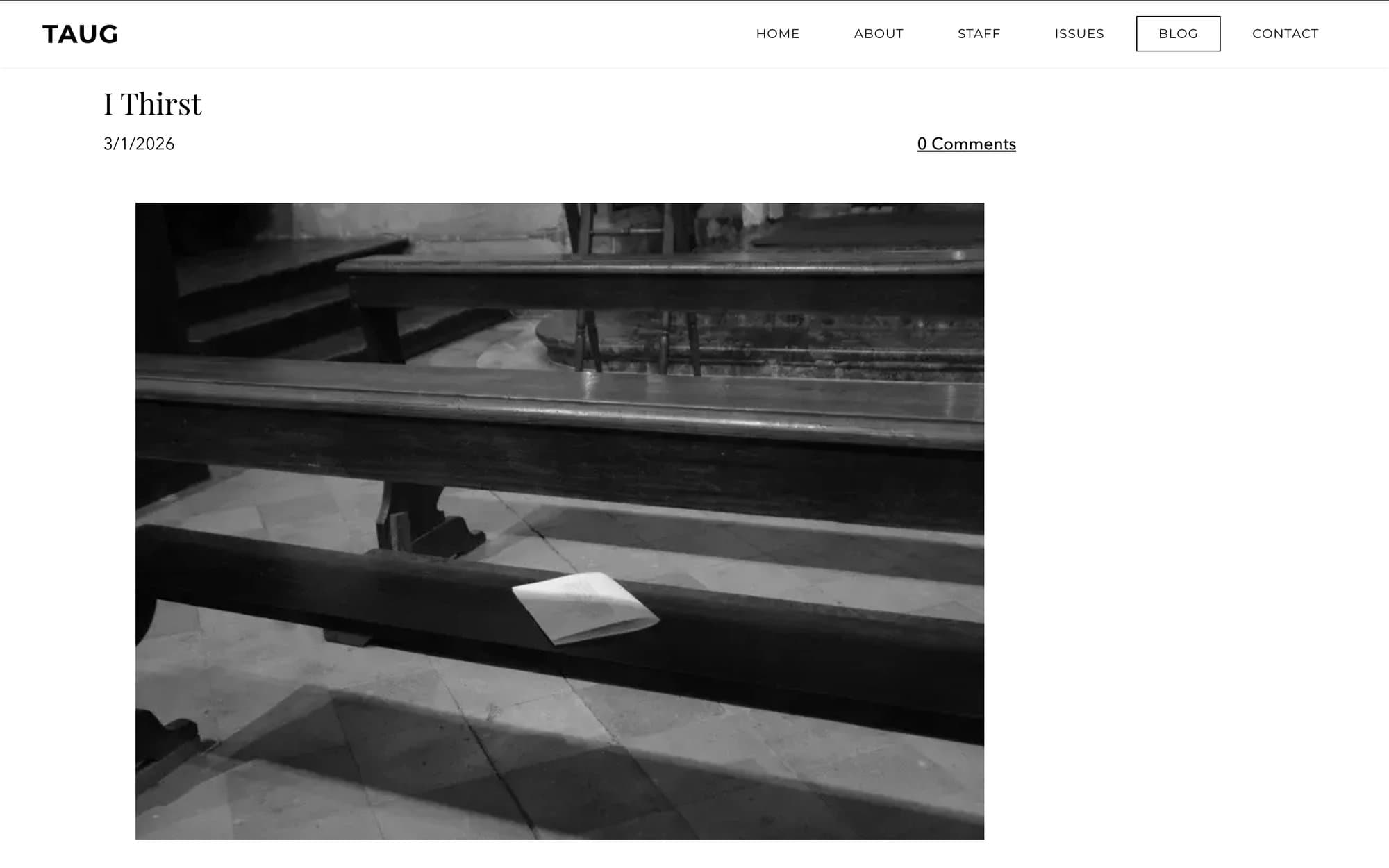TAUG blog post page — 'I Thirst' with a black-and-white photograph