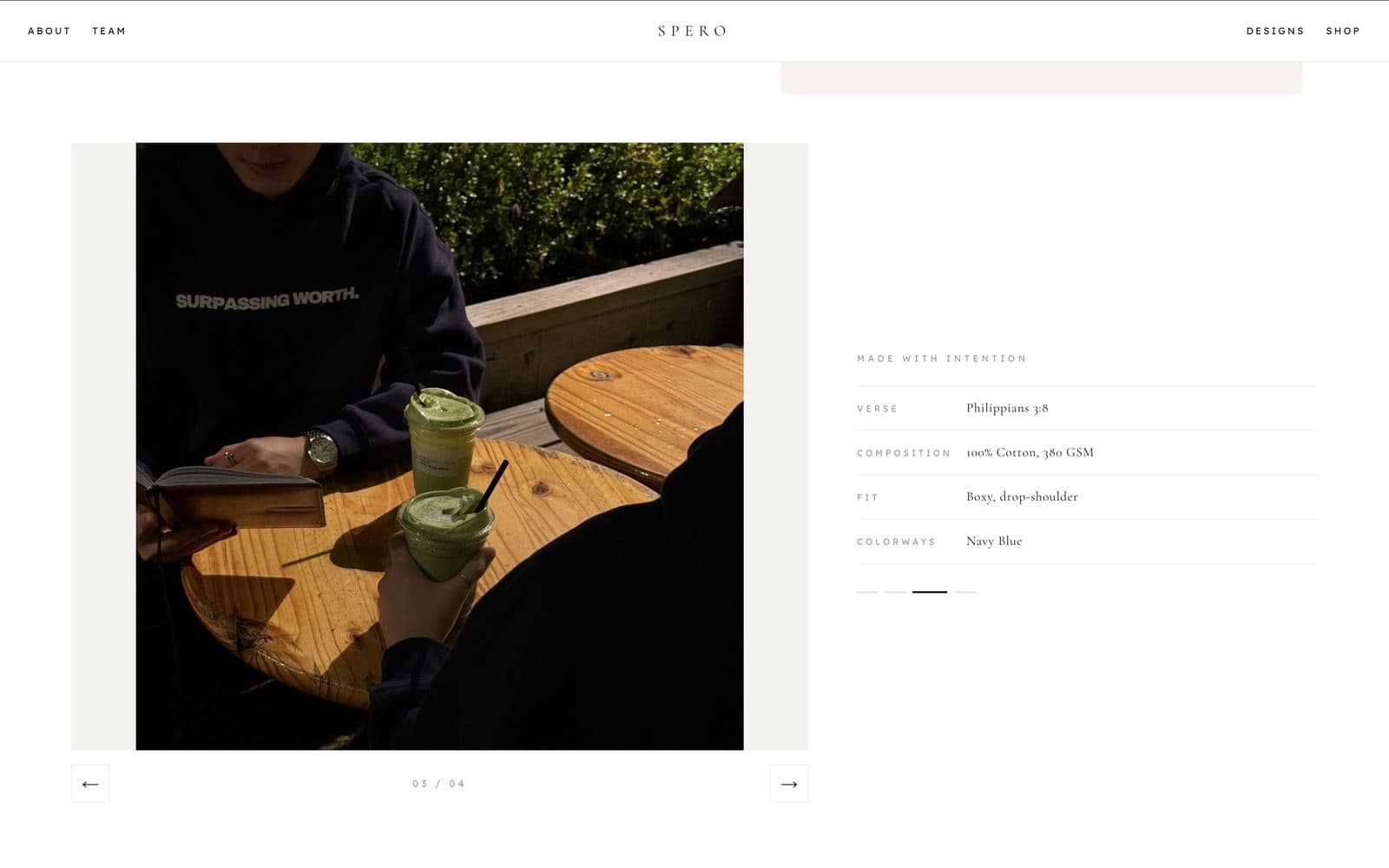 Spero Apparel website — "Surpassing Worth" hoodie product page