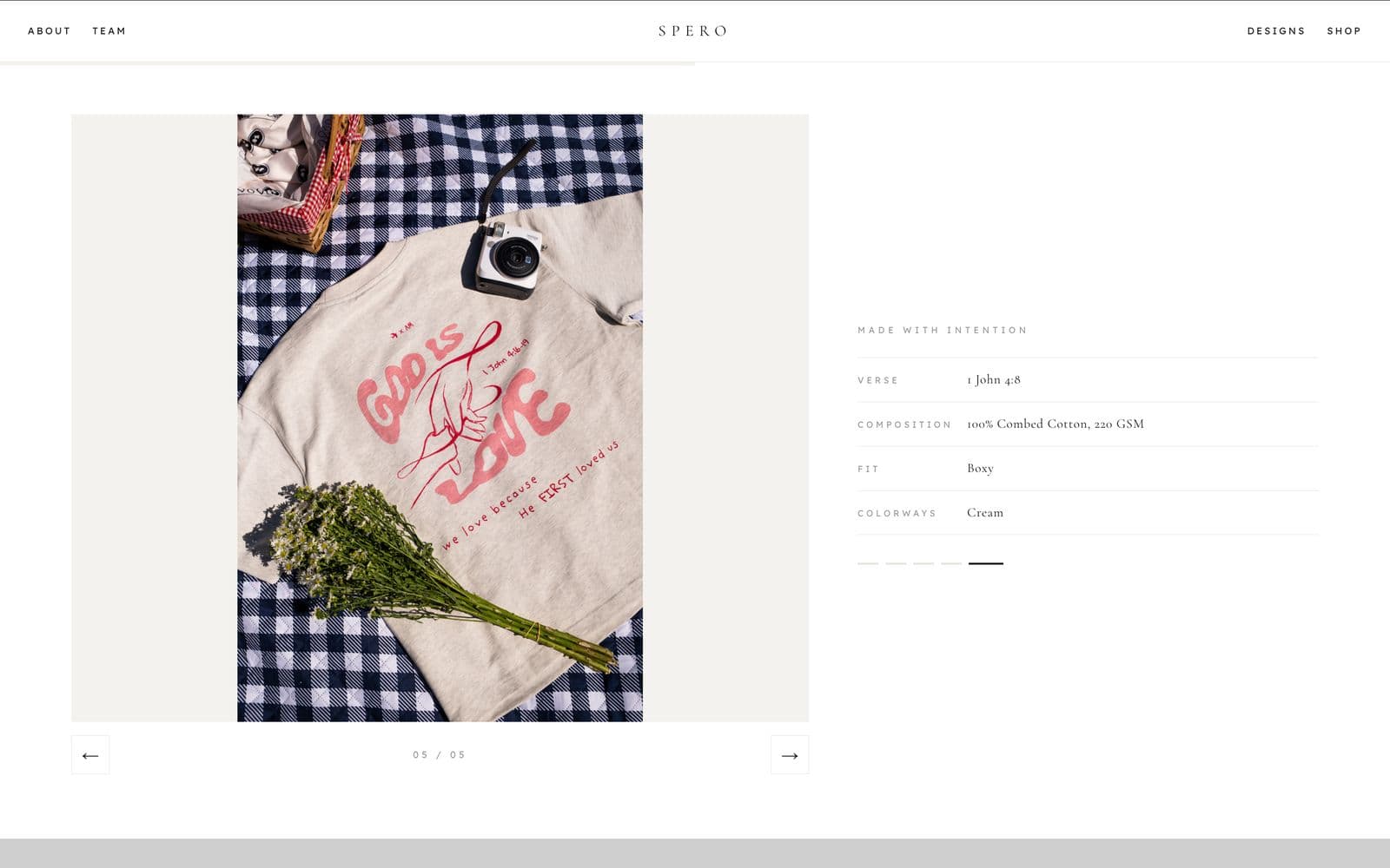 Spero Apparel website — product detail, verse and composition