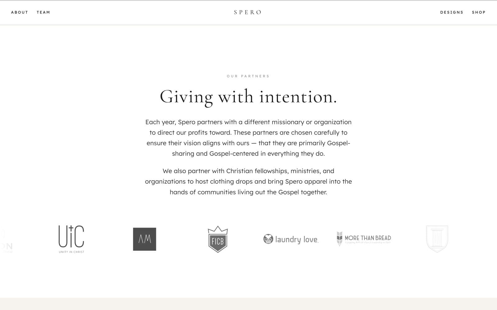 Spero Apparel website — "Giving with intention" partners section