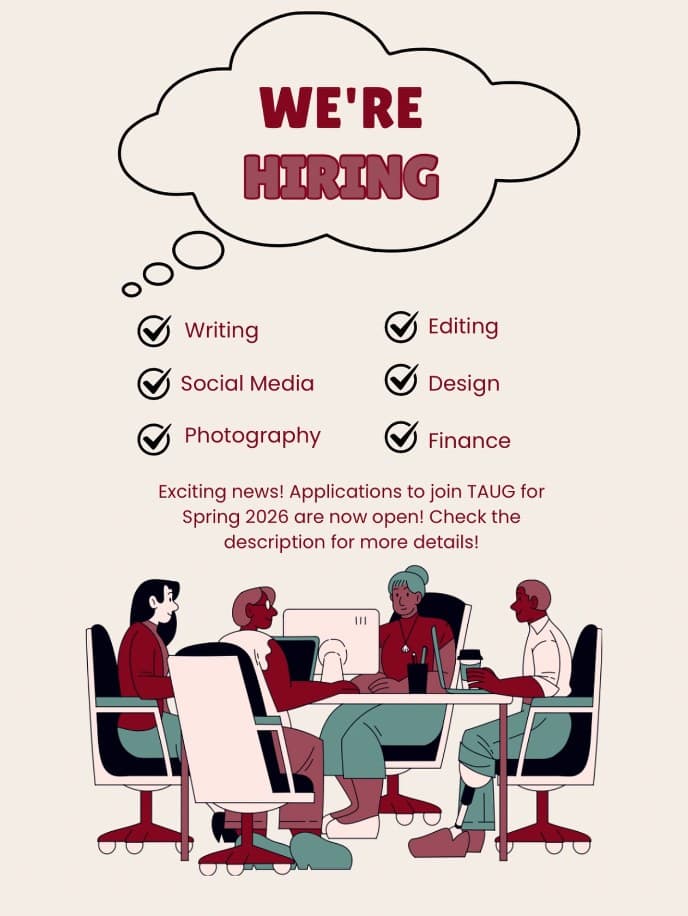 TAUG Instagram — "We're hiring" Spring 2026 applications post