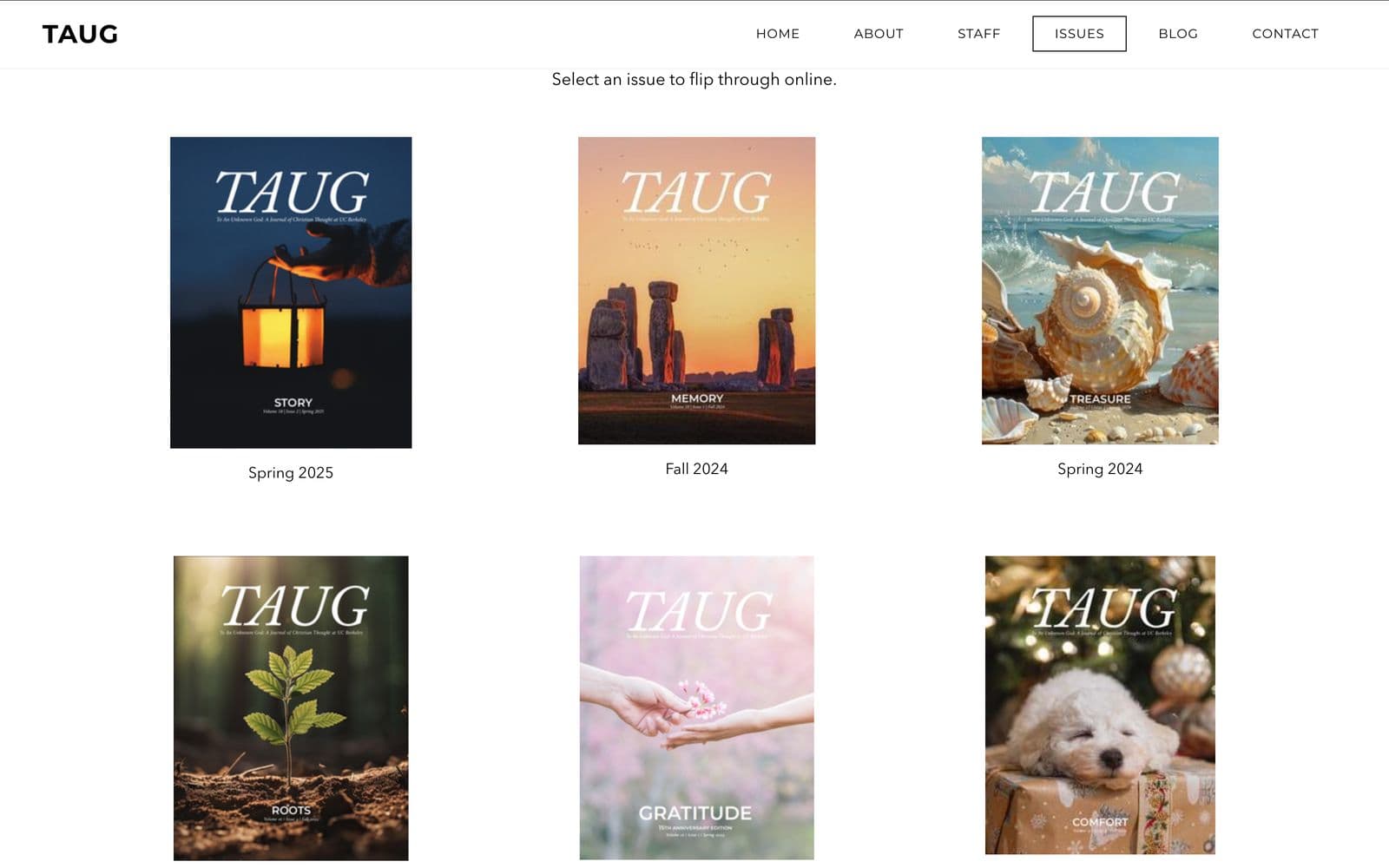 TAUG Magazine website — issues page